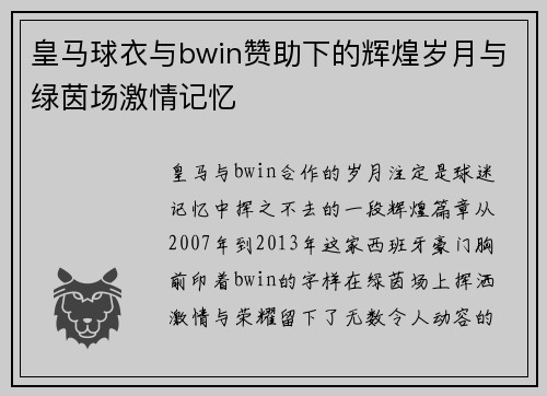 皇马球衣与bwin赞助下的辉煌岁月与绿茵场激情记忆