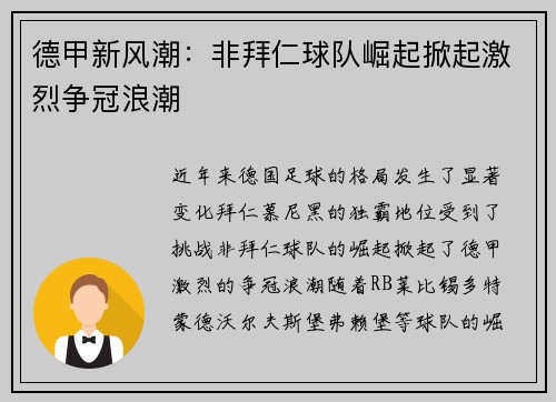 德甲新风潮：非拜仁球队崛起掀起激烈争冠浪潮
